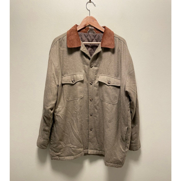Vintage Men Shirt Jacket Large Brown Wool Blend Quilted Suede Collar Chore FLAW - Picture 1 of 11